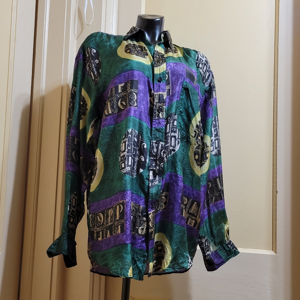 Vintage Pure 100% silk Geometric/Tribal Button Down Shirt